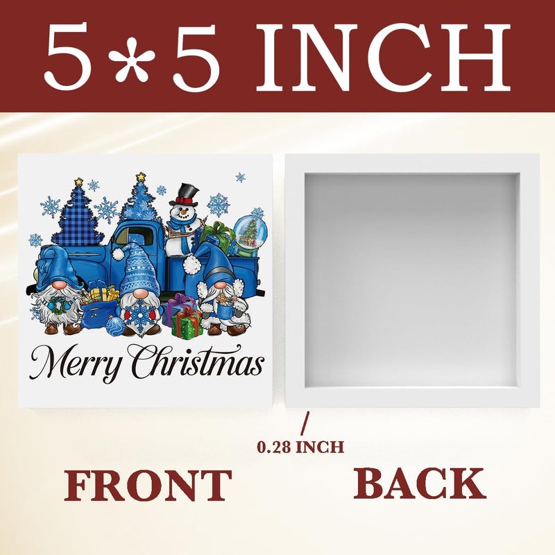 FXEFXE Blue Christmas Decorations, Christmas Gnomes Decorations Indoor, Snowman Snowflake Sign Gift for Women Friends, Rustic Wooden Box Sign for Home Shelf Office Bedroom Desk Decor 5x5 Inches - Image 2